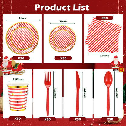 Maxcheck 350 Pcs Christmas Candy Cane Striped Party Plates Cups Napkins and Silverware Set for 50 Guests Disposable Paper Tableware Set Christmas Party Supplies and Table Decorations