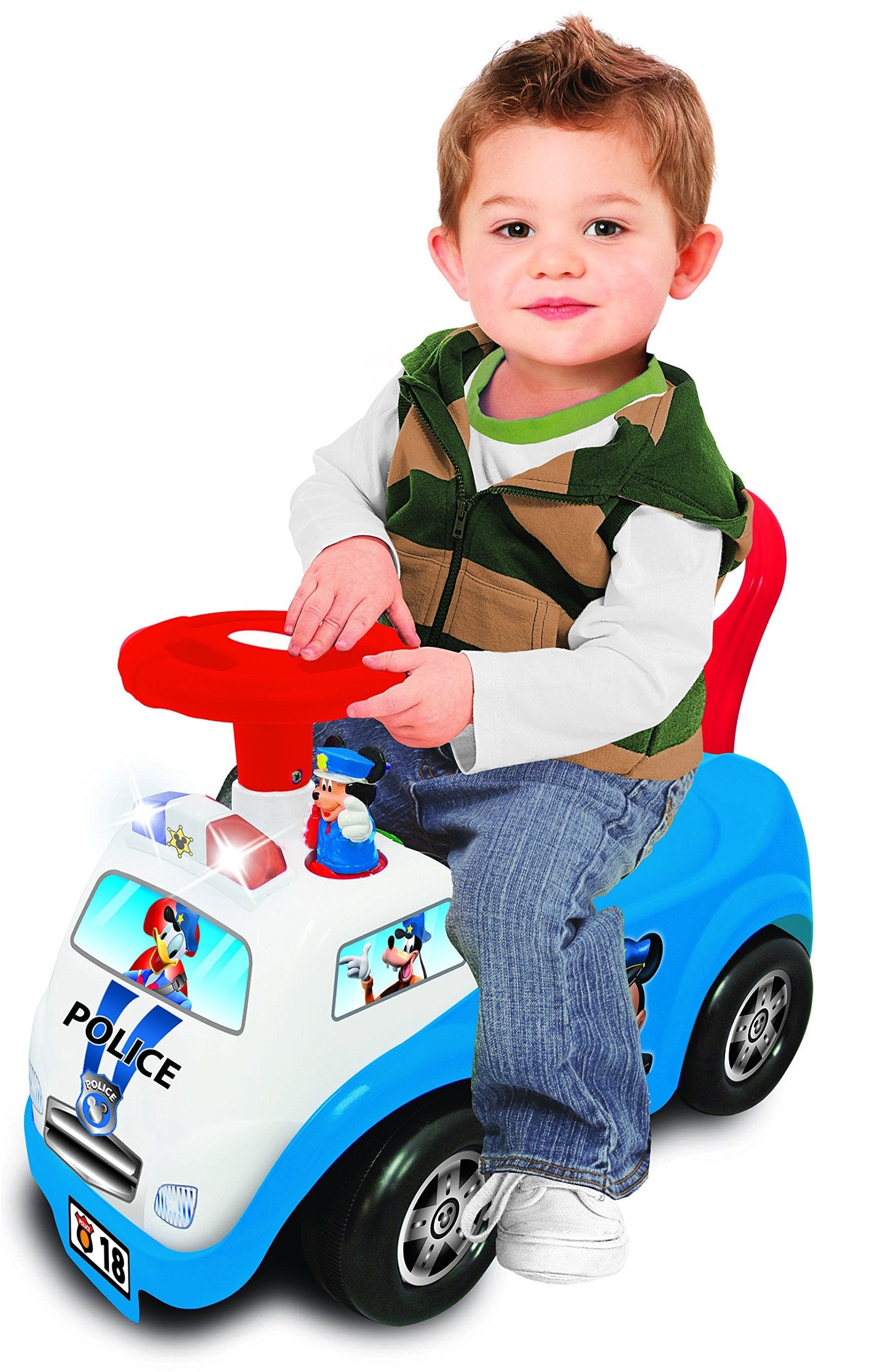Kiddieland Disney Mickey Police Car Ride-On with Lights & Sounds, Toddler Push Car, Siren Horn Blinker, Interactive Steering Wheel Images, Ages 12–36 Months, Sturdy Foot-to-Floor