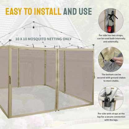 CROWN SHADES Gazebo Mosquito Net Only for 10 x 10 Pop Up Canopy - Patio Gazebo Replacement Mesh Sidewall with Zipper for Outdoor Tent, Garden and Backyard (4-Piece,Khaki)