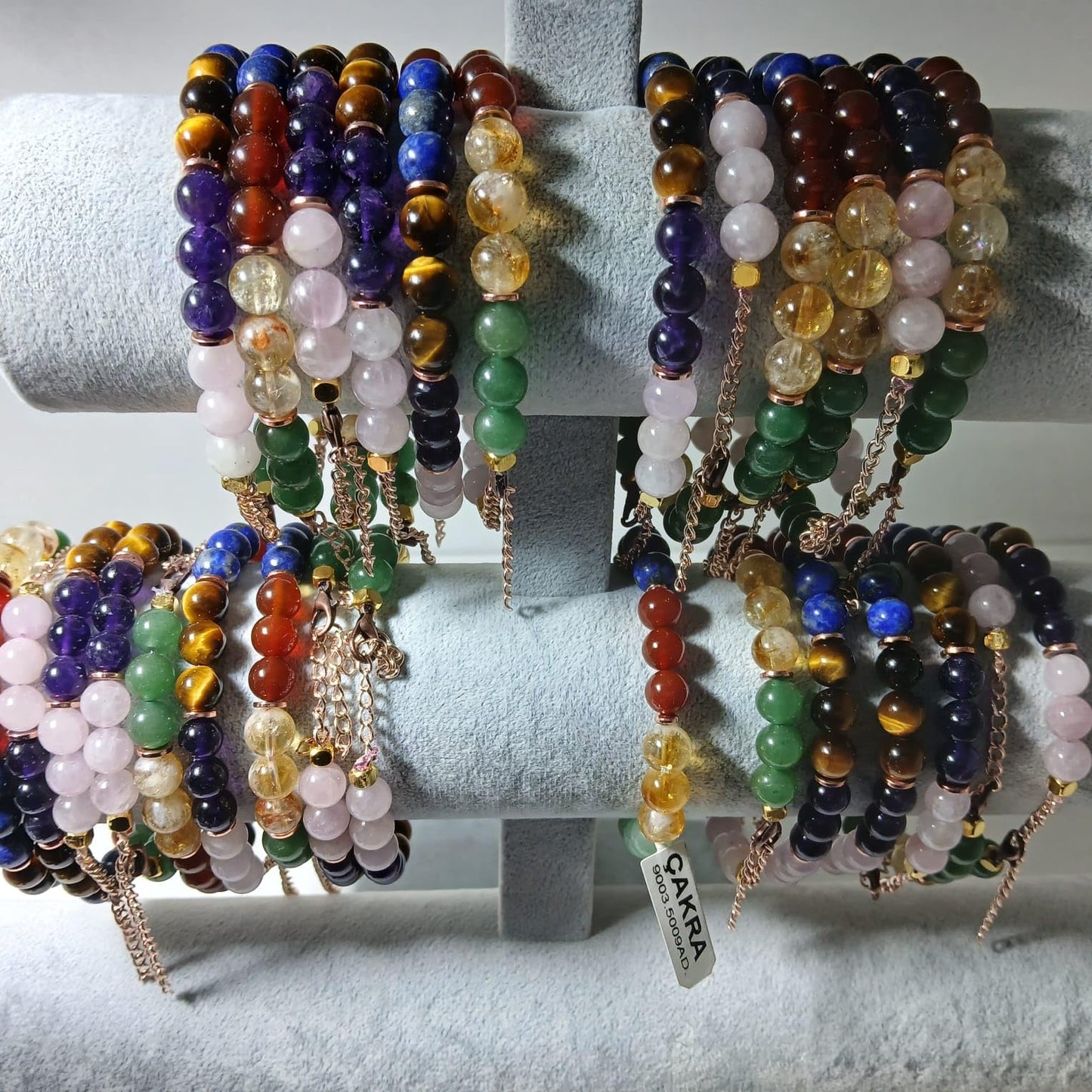 7 Chakra Bracelet (Tiger's Eye, Citrine, Aventurin, Amethyst, Lapis Lazuri, Quartz, Red Jasper, Ring Hematit) Adjustable Chain & Elastic Cord Beaded Bracelet (Durable and Comfortable)