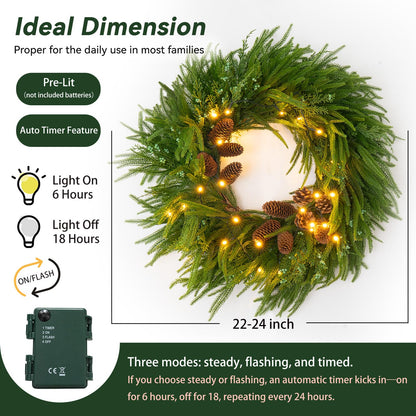 24 Inch Real Touch Norfolk Pine Wreaths for Front Door, Soomeir Artificial Christmas Wreath Green Faux Pine Wreath for Wall Windows Mantle Outdoor Christmas Decoration