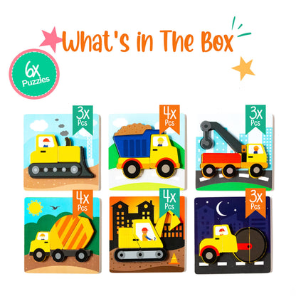 Klevly 6 PK Construction Wooden Toddler Puzzles Ages 2-4 | Wooden Puzzles for Toddlers 1-3 | Montessori Toys for 2 Year Old | Learning for 2+ Year Olds
