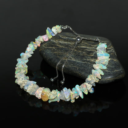 CRYSTALIS Ethiopian Opal Bracelet, Natural Raw Stones, Fire Play Rough Gemstones, Chakra Healing Crystals, Gift Giving Jewelry, Rhodium 925 Sterling Silver Women Bolo Slider Bracelet 10 inch (6+4")