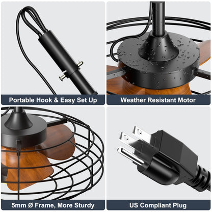 Coolbull Plug and Play Outdoor Ceiling Fans with Lights, 20'' Wet Rated Gazebo Fan Remote/APP Control, Dimmable Hanging Fan for Patio Pergola, Wood Color