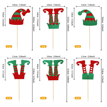 Rsstarxi 24 Pack Christmas Elf Cupcake Toppers Glitter Merry Santa Hat Elf Legs Cupcake Picks for Merry Christmas Theme New Year Holiday Baby Shower Kids Birthday Party Cake Decorations