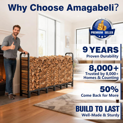Amagabeli 8ft Firewood Log Rack Outdoor Heavy Duty Logs Holder for Fireplace Indoor Outdoor Adjustable Wood Racks for Fire Wood Holder Metal Pile Stand Storage Stacker Organizer Black