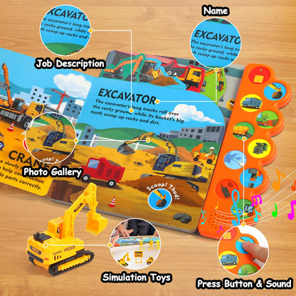 iGRATENS Construction Toys with Sound Books - Dig It! Dump It! Build It! Construction Board Book with 10 Buttons & 20 PCS Toys for 3+ Year Old, Great for Little Alloy Truck Lovers Kids