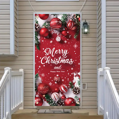 Saoplasa Merry Christmas Door Banner Happy New Year 35x71 Inch Red Christmas Front Door Cover with Snowflakes and Lettering for Xmas Winter Seasonal Holiday Party Porch Wall Hanging New Year Entryway Decoration