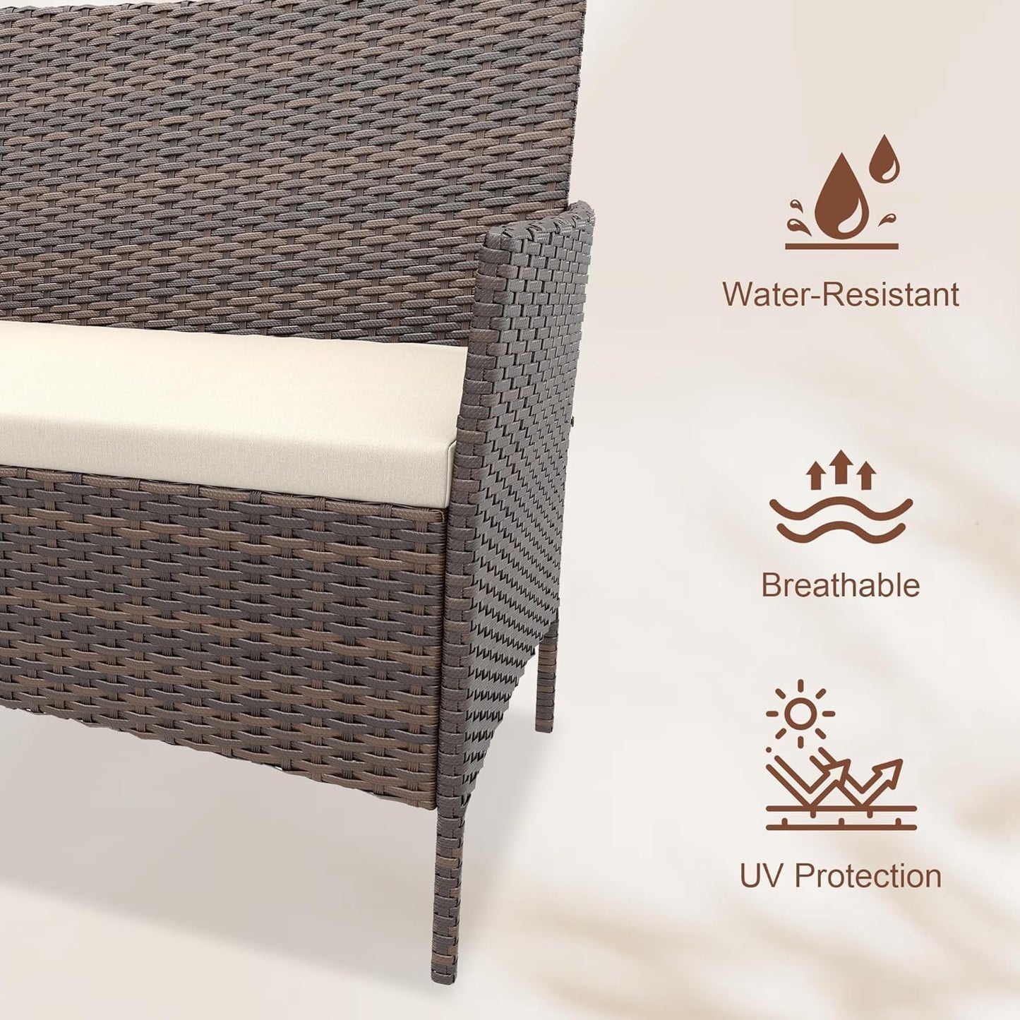 MilleLoom 4-Piece Outdoor Furniture Set, PE Rattan Wicker Chairs with Soft Cushions & Tempered Glass Coffee Table - All-Weather Patio Set for Garden, Backyard, Porch, Poolside (Gradient Brown/Beige)