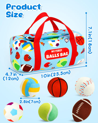 Vanmor Sensory Sports Balls for Babies 6-12M+, 6 Pack Machine Washable Plush Ball Set with Crinkle, Rattles, Squeaky Sounds, Toddler Learning Toys with Travel Bag, Baby Shower Birthday for Newborn