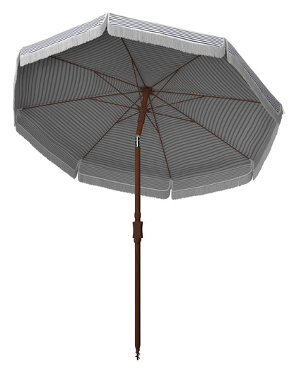 SAFAVIEH 6.5ft Outdoor Patio Umbrella, Round, Copen Collection, White & Navy Stripe, Fringe Trim, Button Tilt, UV Resistant for Deck, Backyard, Poolside (PAT8501B)
