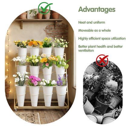Flower Display Stand with 12 Buckets, 3 Layers Flower Bar Cart with Wheels, Metal Flower Plant Stand, Moving Florist Bouquet Shelf, for Outdoor Indoor Garden Patio Florist Weddings (A-Black)