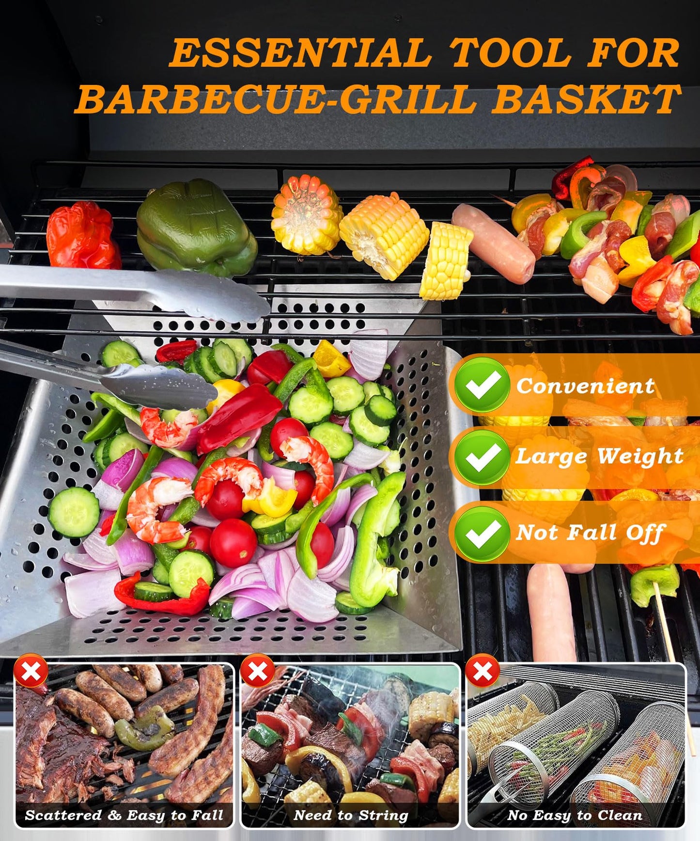 Foedo Grill Basket for Outdoor Cooking 13.4 Inch, Stainless Steel Vegetable & Fish Grilling Tray with Handle, Nonstick Dishwasher Safe BBQ Accessories for Camping, Backyard BBQ