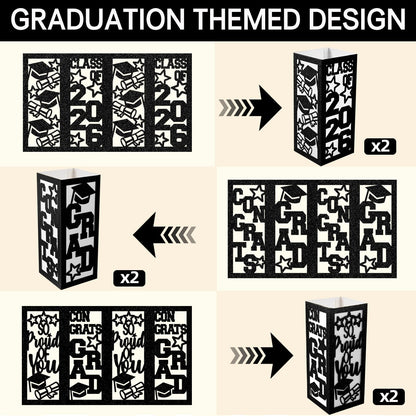 6 Pcs Graduation Table Centerpieces Boxes Class of 2026 Graduation Paper Lanterns Boxes with LED Hollow Out Black for Congrats Grad School College Table Decorations Grad Party Photo Props
