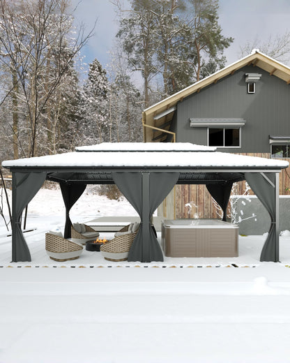GarveeLife Hardtop Gazebo 12 ft x18 ft for All Weather, with Double Metal Roof, Net, and Curtain, Permanent Building for Patio, Deck, Backyard, Lawn, and Garden