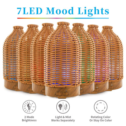 VICTORIA AROMA Essential Oil Diffuser - Multifunction Aromatherapy Diffuser 7 LED Color Changing Light 100ML Rattan Diffuser Easy to Clean Suitable for Home,Office (Tan)