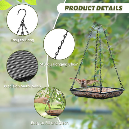 MIXXIDEA Hanging Bird Feeder Tray Metal Mesh Platform Seed Feeder with Durable Chains for Outdoors Garden Great for Attracting Birds (2 Pack)