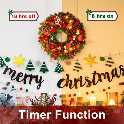 Quntis 16 Inch Christmas Wreath with 40 Lights 8 Modes, Lovely Christmas Door Wreath Decorations Artificial Xmas Wreath with PineCones Dried Lemon Pieces, Winter Wreaths Outdoor Porch Fireplace Window