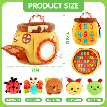 Thremhoo Baby Toys 6-12 Months - Soft Beehive with 5 Stuffed Animals, Rattle, Crinkle, Mirror, Montessori Sensory Toys for Babies 6 7 8 9 10 Months Old Baby Boy Girl Shower Gifts Ages 0-2