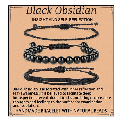 QOGIR Handmade Healing Stones Bracelet,8mm Natural Black Obsidian Gemstone Beads Bracelet,for Men Women Gifts with 2PCS Size Adjustable Rope Bracelets