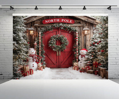 CHNYWORK 7x5ft Christmas North Pole Backdrop Snowman Christmas Trees Gift Boxes Snowy Pine Forest Red Wooden Door Winter Holiday Background New Year Xmas Eve Party Decor Portrait Photo Booth Props