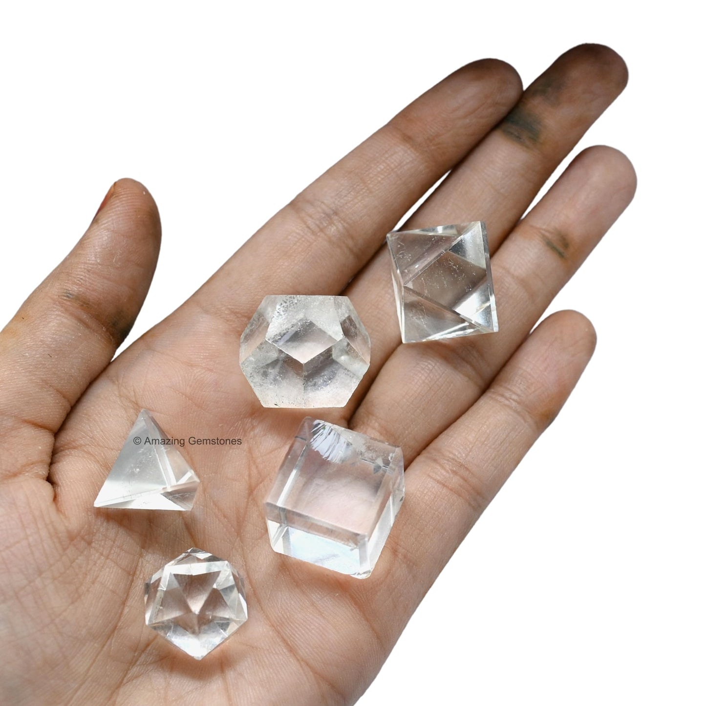 Amazing Gemstone Clear Quartz Platonic Solids Crystals - Set of 5 Sacred Geometry and Healing Stones Solidos Platonicos Sacred Geometry Kit for Energy Chakra Balancing, Reiki, Meditation