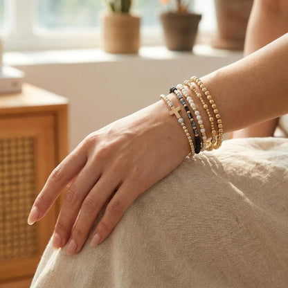 NoctisNest 6 Pcs Layered Cross Bracelet for Women, Black Gold Stackable Pearl Beaded Bracelets for Her Mom Girlfriend, Dainty 14K Gold Plated Bracelet Set for Mothers Day Gifts
