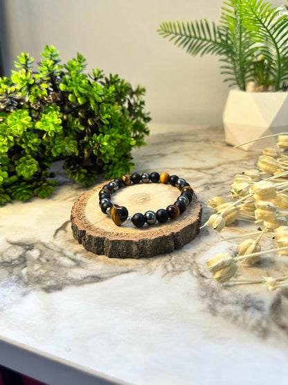 TUBIANCA Triple Protection Bracelet – Tiger Eye, Hematite & Black Onyx Crystal for Energy Shield, Confidence, Grounding & Spiritual Balance – Handmade Unisex Healing Jewelry