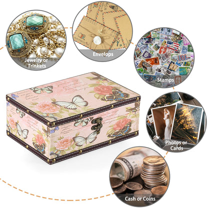 ELLDOO Butterfly Treasure Chest Box, Wooden + PU Leather Storage Decorative Box for Jewelry Trinkets Photos, Rectangular Keepsakes Box for Girls Women Gifts