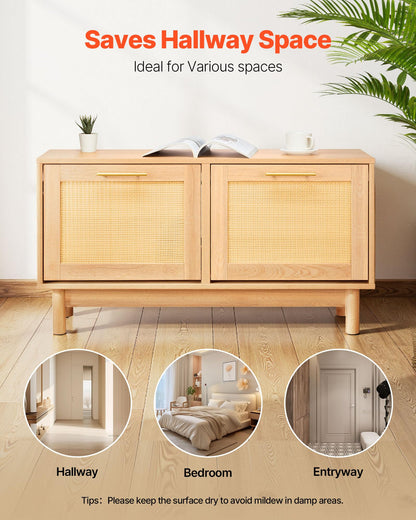 VEVOR Rattan Shoe Storage Bench, Entryway Bench with 2 Flip Drawers, Holds up to 300 lbs with 4 Compartments and 2 Rattan Doors, 39.4 x 11.8 x 20.9 Inches for Hallway, Living Room, Bedroom