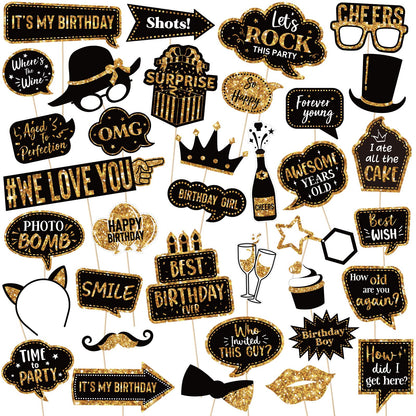 Outus 36 Pcs Birthday Photo Booth Props Kit Happy Birthday Graduation Wedding Party Favors Supplies Bday Party Decor 40th- 50th-60th Photobooth Funny Cute Holiday Selfie Supplies(Gold and Black)