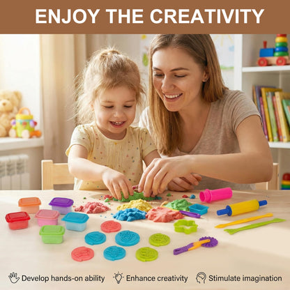 Carolart Sand and Dough Tools Set, 6 Colors Cloud Sand Kit with Storage Box, Play Tools with Clay Accessories, Rolling Pin, Educational Toys and Gift for Toddlers Age 3+