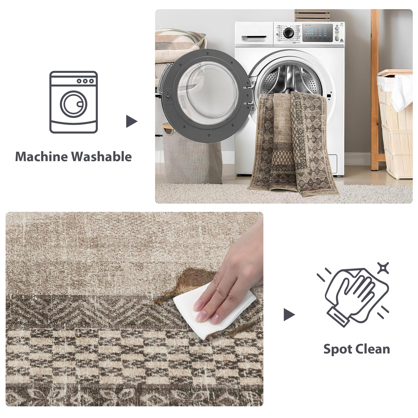 NICETOWN 5x8 Area Rug, Ultra- Thin Brown Oriental Washable Rug for Living Room, 5'x 8' Carpet for Bedroom, Non-Slip Stain Resistant Foldable Large Carpet Pet & Kids Friendly for Dining Room