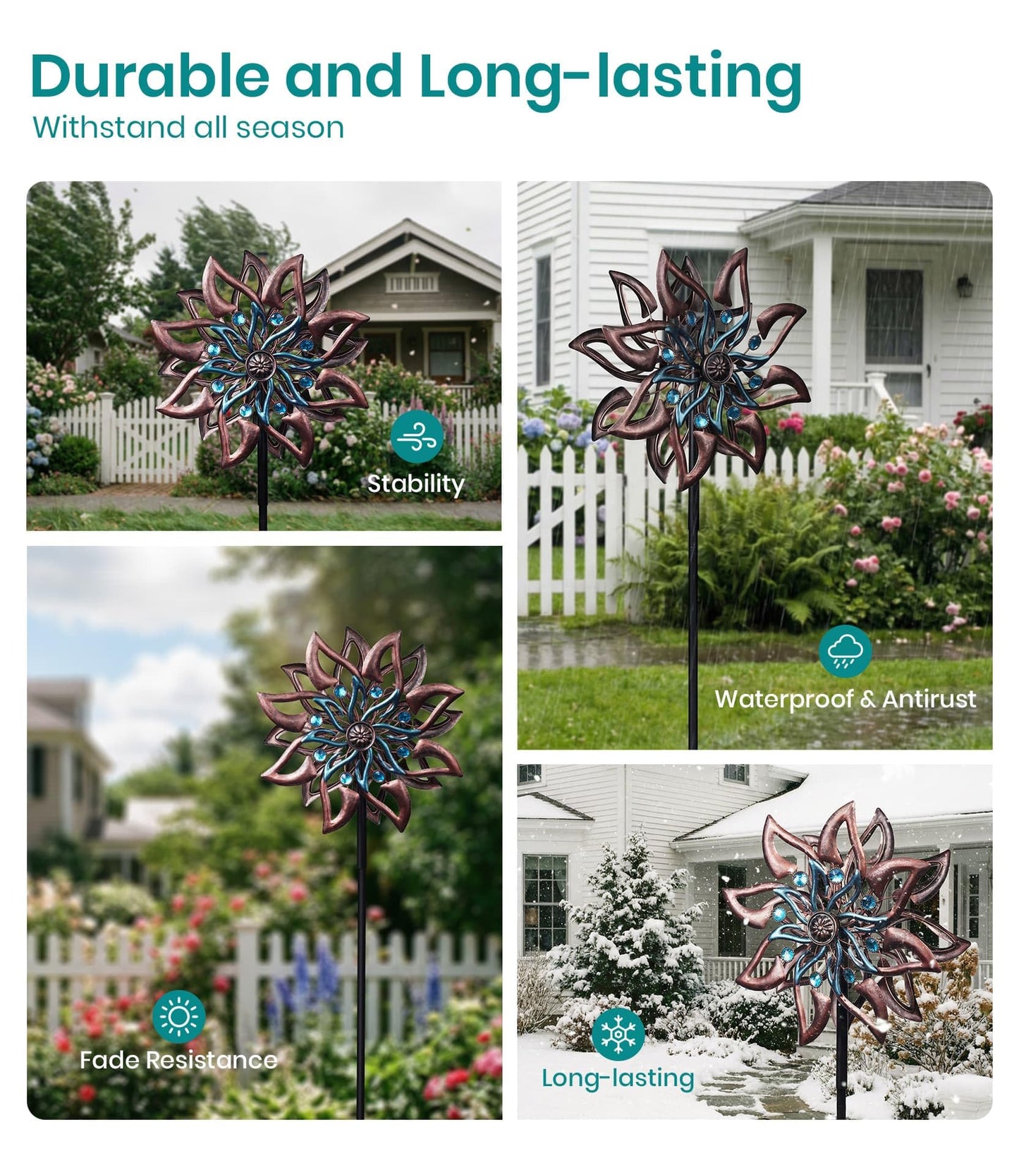 VUFOZ 360° Garden Wind Spinner for Outdoor Yard Art – W13xH64 Kinetic Windmill for Garden, Lawn, and Patio – Dahlia-Inspired Copper and Teal Wind Spinners Outdoor Decorative Yard Art