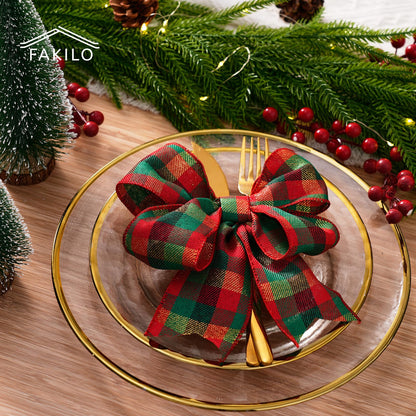 FAKILO Christmas Wired Ribbon 2-1/2 inch x 10 Yards Gold Red and Green Gingham Buffalo Plaid Tartan Christmas Ribbon for Tree Wreath Decor Gift Wrapping Topper Bow Making