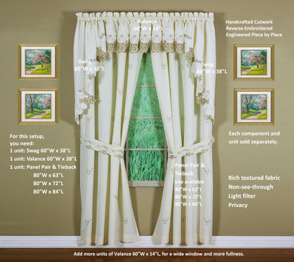 Today's Curtain Verona Reverse Embroidery Panel Pair and Tiebacks, 63", Ecru/Antique, 80" W X 63" L