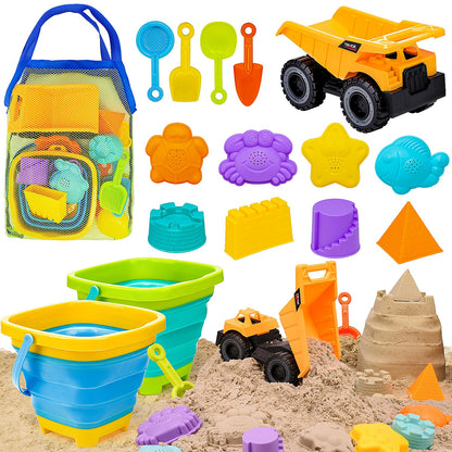 AuntyFey Beach Sand Toys for Toddler 1-3 with Trucks, 2 Collapsible Beach Toys for Kids Ages 4-8, Sandbox Toys for Toddler, Collapsible Beach Sand Buckets with Castle Sand Molds Shovels