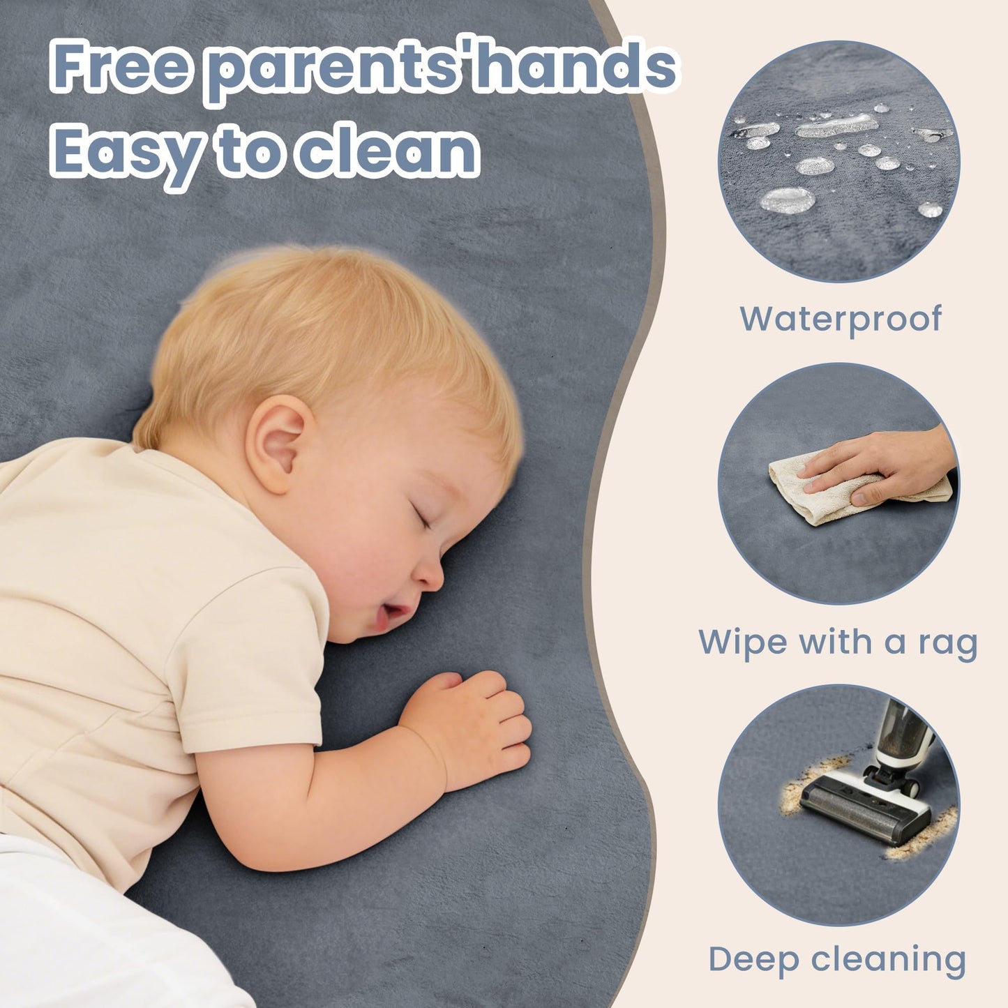 ACOMOPACK 1.3" Thick Baby Play Mat for Floor 50x50"-Memory Foam Water-Repellent Playpen Mat for Tummy Time,Non-Slip Soft Velvet Nursery Rug for Kids,Toddlers,Infants Crawling（Grey）