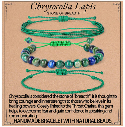 QOGIR Handmade Healing Stones Bracelets,8mm Natural Chrysocolla Lapis Beaded Bracelets for Men Women Gifts with 2PCS Size Adjustable Rope Bracelets