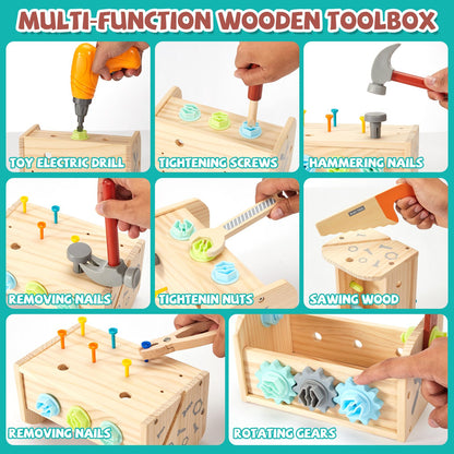 Kids Tool Set - 54 PCS Wooden Toddler Tool with Wooden Box, Educational Pretend Play Construction Toy for 2 3 4 5 6 Year Old Boys Girls, Toddle Electronic Toy Drill Children Montessori STEM