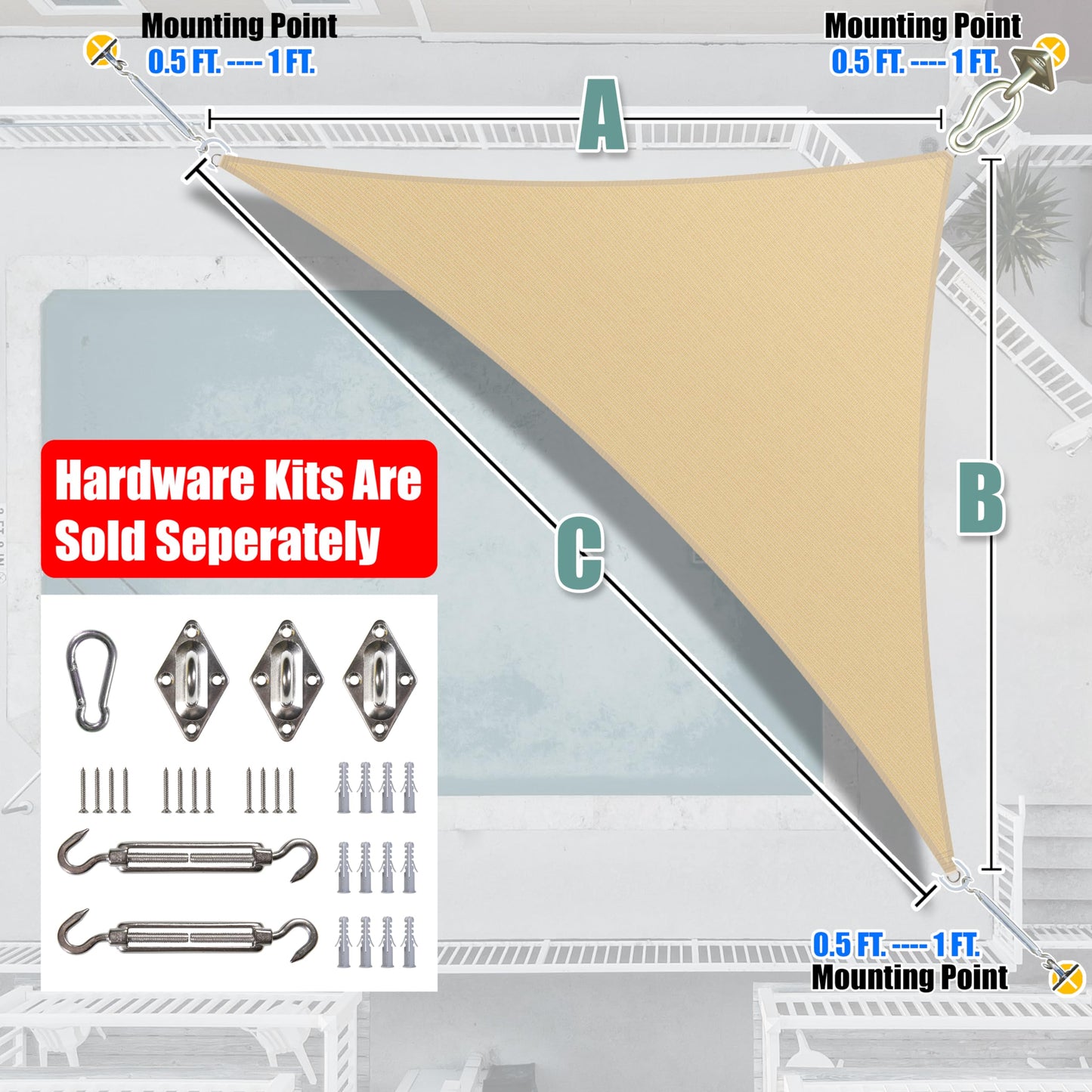 Amgo 16' x 16' x 22.6' Beige Right Triangle Sun Shade Sail UPF50+ Canopy Awning AGSLT, 95% UV Blockage, Water & Air Permeable, 200GSM Heavy Duty Commercial and Residential (We Make Custom Sizes)