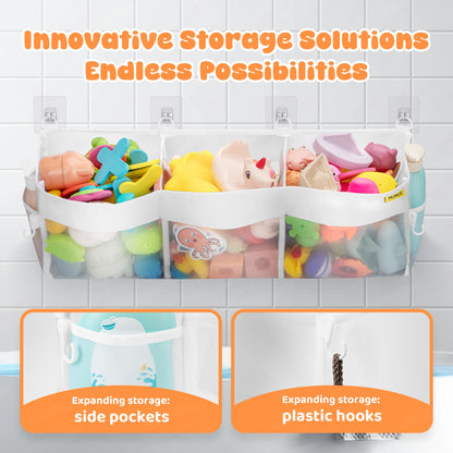 Bath Toy Organizer 3 Compartment Bath Toy Storage Bag Shower Caddy Quick Access Bathtub Toys Holder Baby Shower Games Tub Quick Dry Baby Bathroom Toys Storage Accessory White
