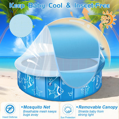 Upgraded Baby Pool with Canopy Sprinkler, 47in Foldable Kiddie Pool with Pop Up Mosquito Net, Baby Beach Tent with Sun Shade Canopy, Portable Toddler Kids Small Pool for Backyard Beach Outdoor