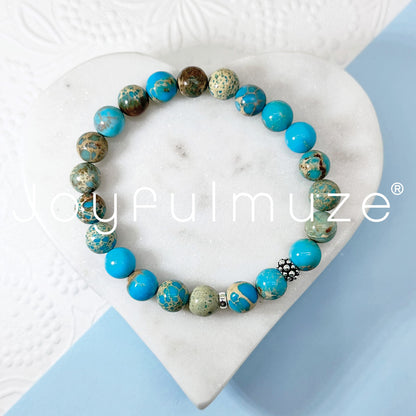 Joyfulmuze Handmade Stretch Bracelet, Genuine Turquoise Emperor Round Jasper, Premium Jewelry for Women Man Girls, Grounding Strength and Stability Stone, Sterling Silver Beads (Turquoise-Jasper-8mm)