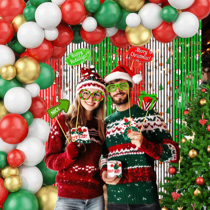 MEHOFOND 164pcs Merry Christmas Party Decorations Set, Christmas Foil Fringe Curtains, Red Green Gold Balloons Arch Garland Favors for Kids Adults Friends Ugly Sweater Party Props for Photo Supplies