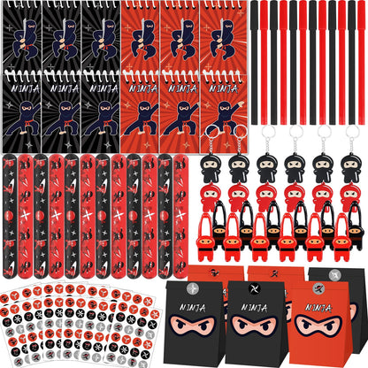 84pcs Karate Party Favor Set Red Black Karate Paper Bag Notepad Pen Slap Bracelets Key Chain TPR Stretchy Flying Toys Stickers Party Supplies for Boys Girls Birthday Classroom Activities Decorations