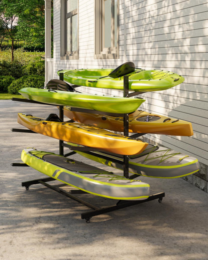 GarveeLife Kayak Storage Rack for 6 Kayaks Freestanding Kayak Rack for Outdoor Storage with Movable Wheels, Heavy-Duty Steel Kayak Hanger Holder with Hanging Straps