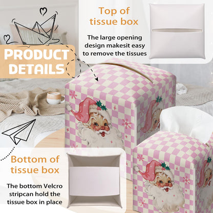 Merry Christmas Tissue Box Holder, Santa Claus Pink Checkered Leather Tissue Box Cover Square, Paper Facial Decorative Tissues Cover for Night Stands Bathroom Office Home Decor-B09