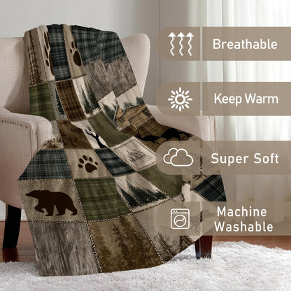 DEMCEAR Rustic Cabin Throw Blanket Wildlife Hunting Bear and Deer Brown Green Plaid Patchwork Lodge Blankets Soft Cozy Flannel Fleece for Living Room Bedroom Couch Sofa Bed Camping, 50x60 Inch