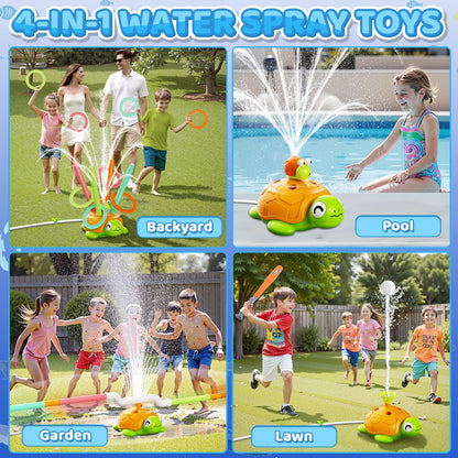 4-in-1 Turtle Water Sprinkler Toys for Kids - Summer Oudoor Toy with Baseball Ringtoss Tubes - Outside Yard Lawn Backyard Park Garden Pool Games for Age 3 4 5 6 7 8 Year Old Toddlers Boys Girls Gifts